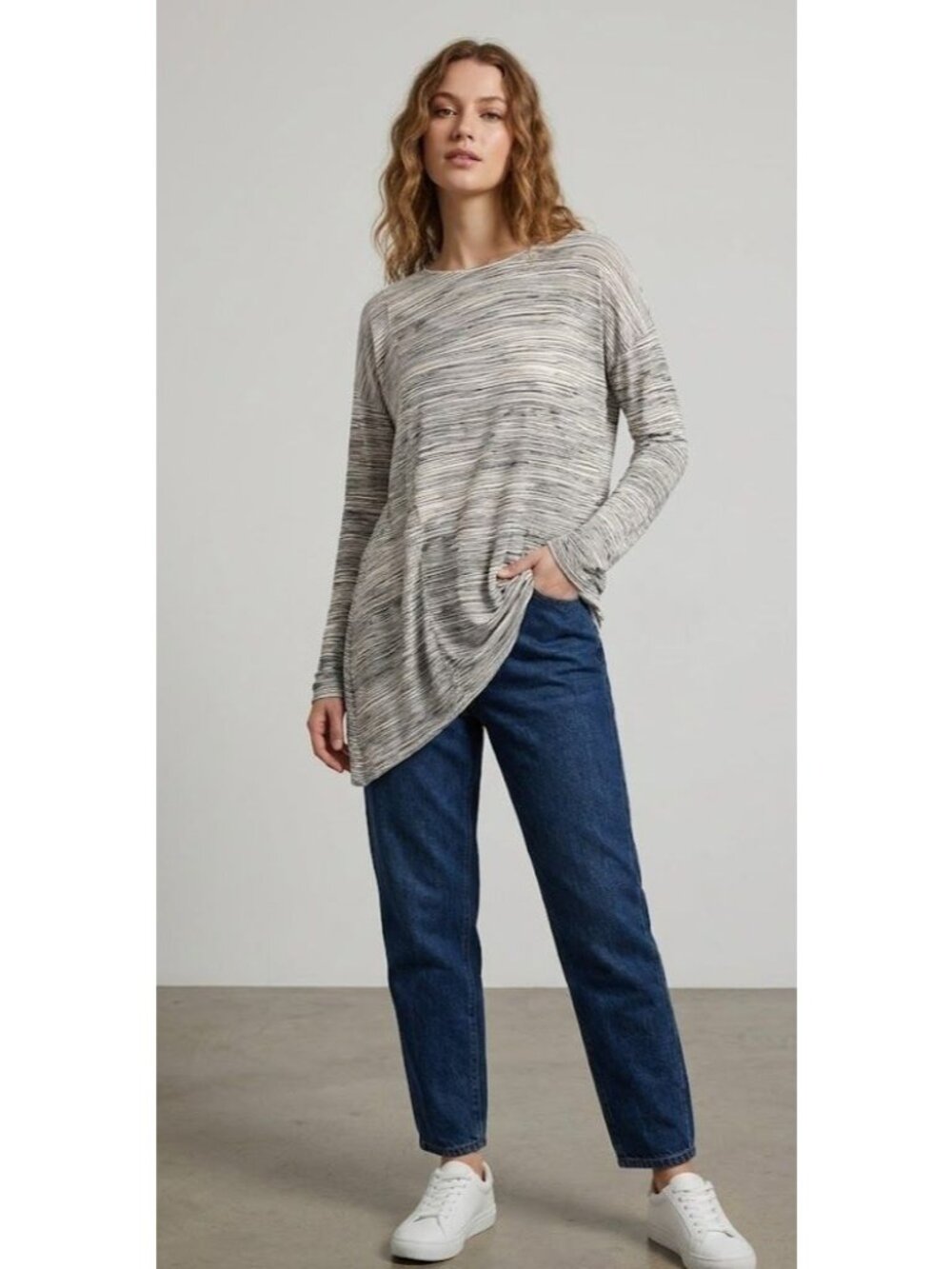 Kensie Striped Asymmetrical Hem Long Sleeve Top Size M